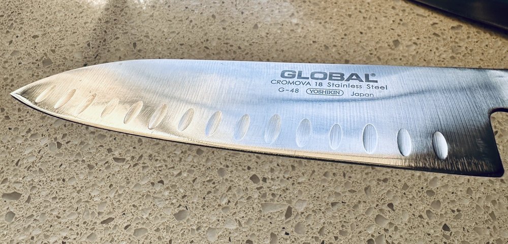 Close-up of a sharpened Global santoku edge