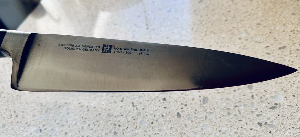 Close-up of a sharpened Zwilling J.A. Henckels chef knife edge